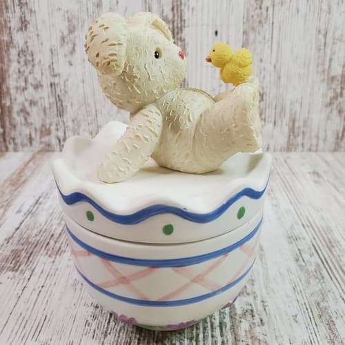 Vtg Houston Harvest Gift Easter Candy Ceramic Jar Dish With Bunny Rabbit & Chick
