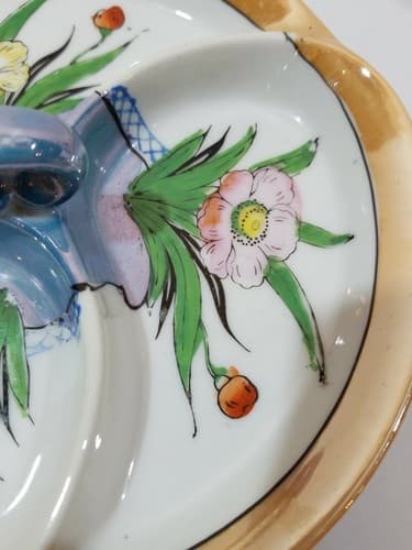 Vintage Lusterware divided dish hand painted flowers center handle made in Japan - Thumbnail 5