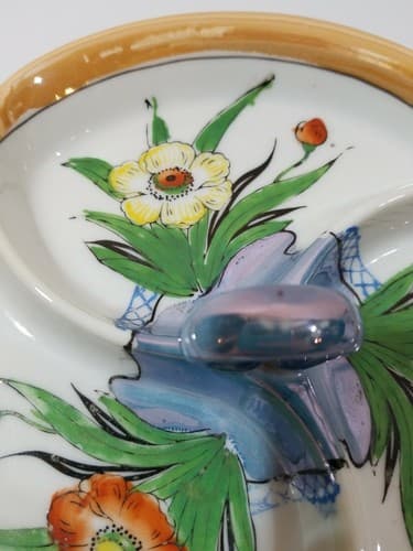 Vintage Lusterware divided dish hand painted flowers center handle made in Japan - Thumbnail 4