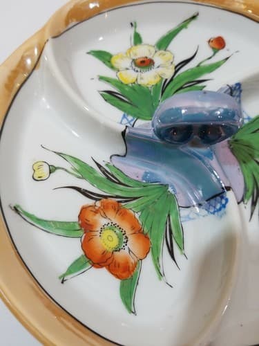 Vintage Lusterware divided dish hand painted flowers center handle made in Japan - Thumbnail 3