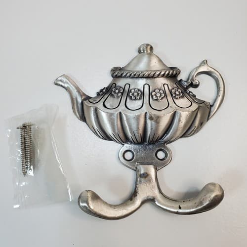 Vintage Silver Tone Metal Tea Pot Kitchen Towel Hook Hanger Country Farmhouse #2