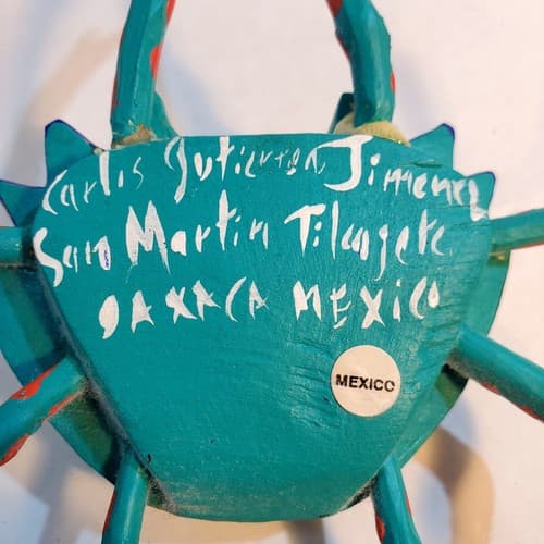 Oaxaca Carved Wood Crab Hand Painted Aqua Orange Signed Carlos Jimenez Folk Art - Thumbnail 5