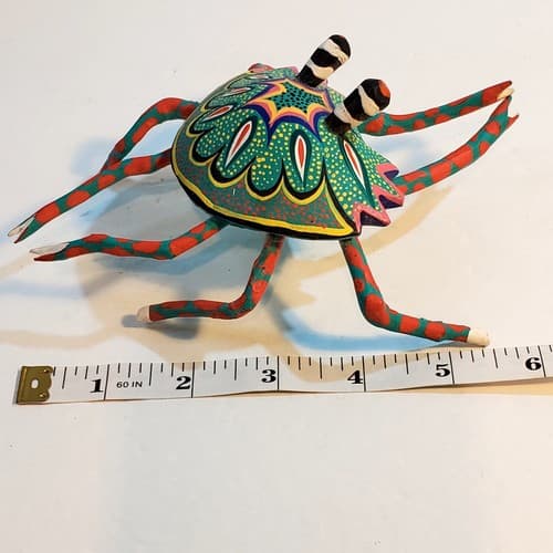 Oaxaca Carved Wood Crab Hand Painted Aqua Orange Signed Carlos Jimenez Folk Art - Thumbnail 10