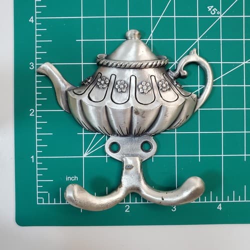 Vintage Silver Tone Metal Tea Pot Kitchen Towel Hook Hanger Country Farmhouse #2 - Thumbnail 4