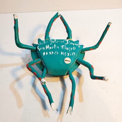 Oaxaca Carved Wood Crab Hand Painted Aqua Orange Signed Carlos Jimenez Folk Art - Thumbnail 9