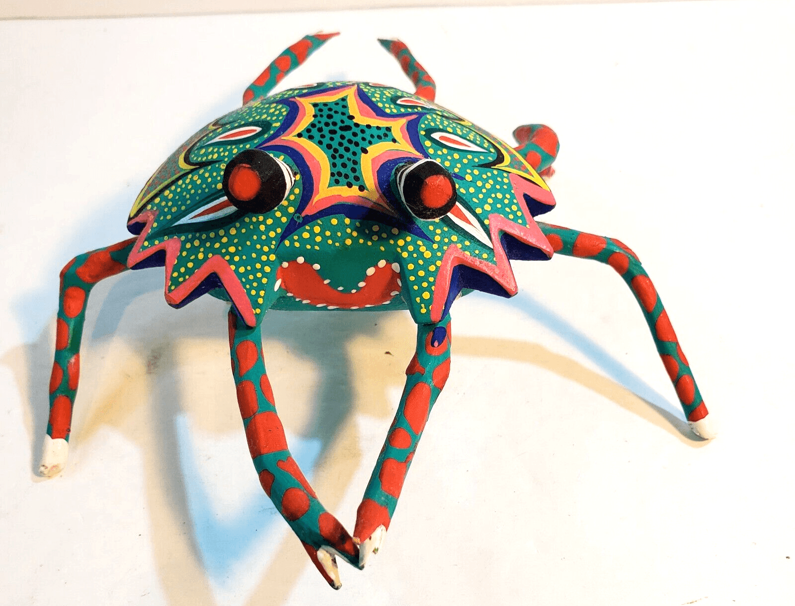 Oaxaca Carved Wood Crab Hand Painted Aqua Orange Signed Carlos Jimenez Folk Art