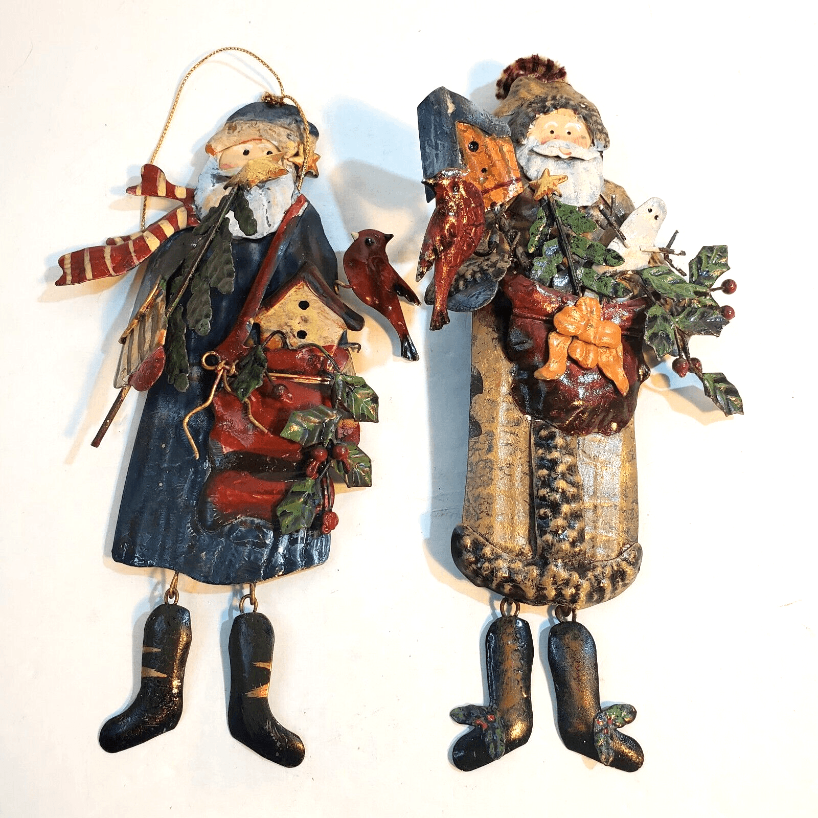 3D Metal Old World Santa Dangle Feet Folk Art Christmas Ornaments Birds Lot of 2