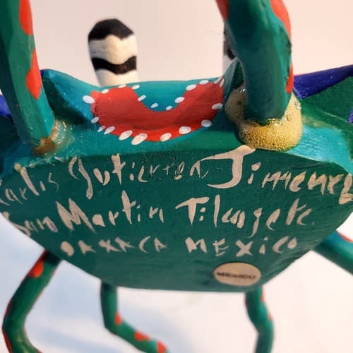 Oaxaca Carved Wood Crab Hand Painted Aqua Orange Signed Carlos Jimenez Folk Art - Thumbnail 3