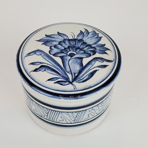 Ceramica Coimbra Portugal Vintage Small Round Lidded Trinket Box Flower Design