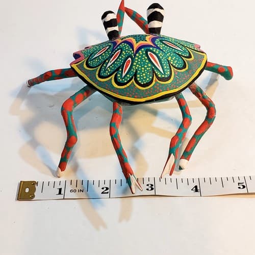Oaxaca Carved Wood Crab Hand Painted Aqua Orange Signed Carlos Jimenez Folk Art - Thumbnail 11