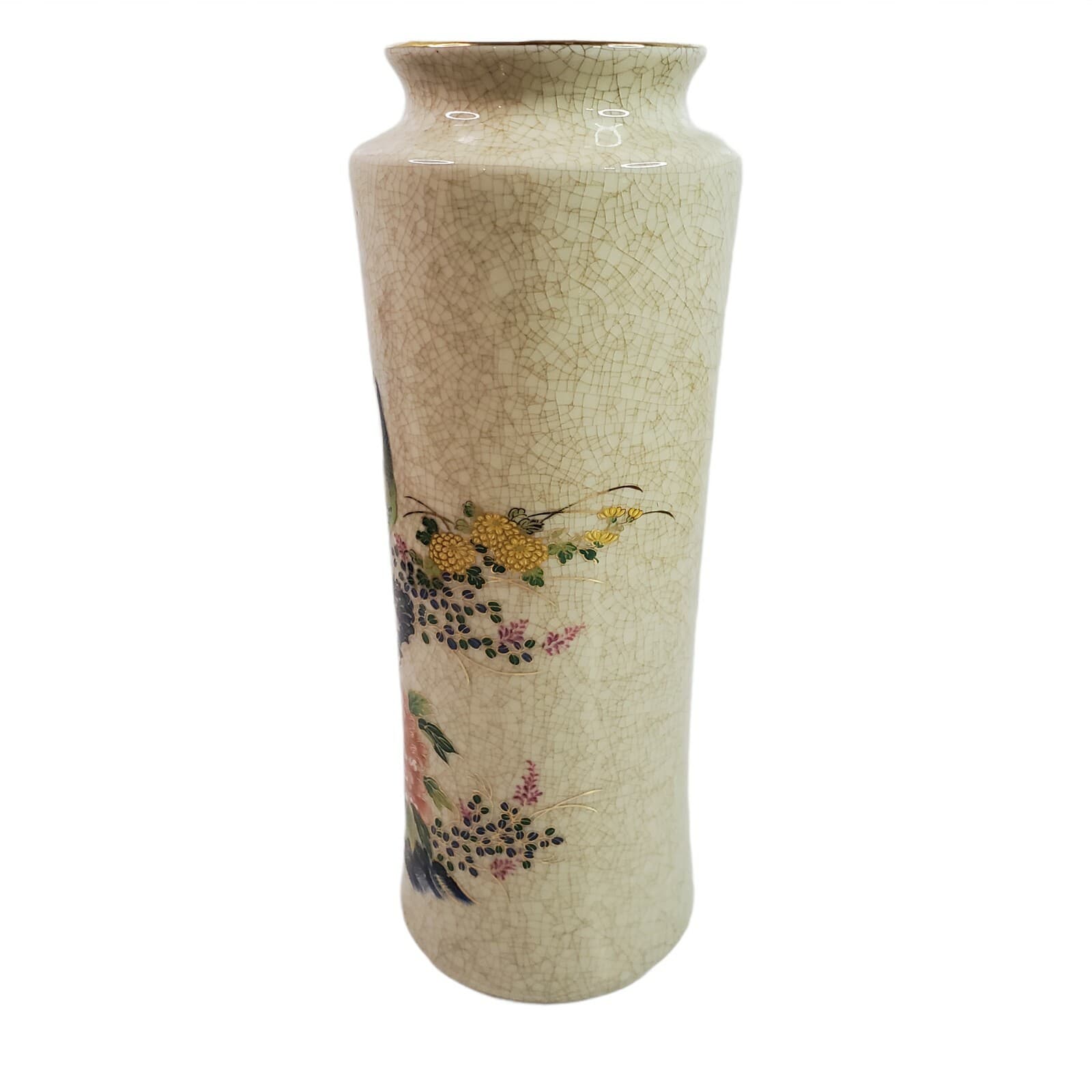 Vintage OMC Japan Porcelain Round Vase Peacock & Floral Design Crackle Finish - Thumbnail 10