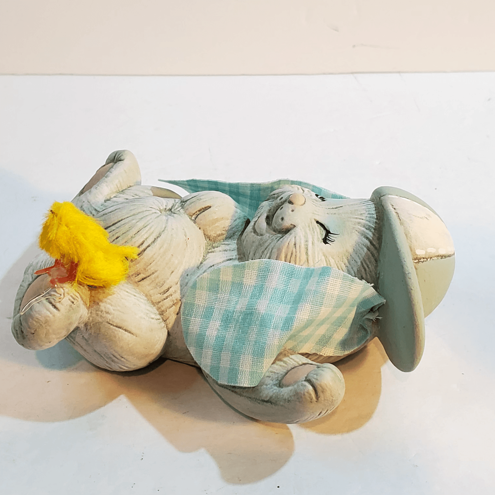 Vintage Ceramic Playful Sleeping Laying Long Eared Bunny w Chick Figurine Easter - Thumbnail 3