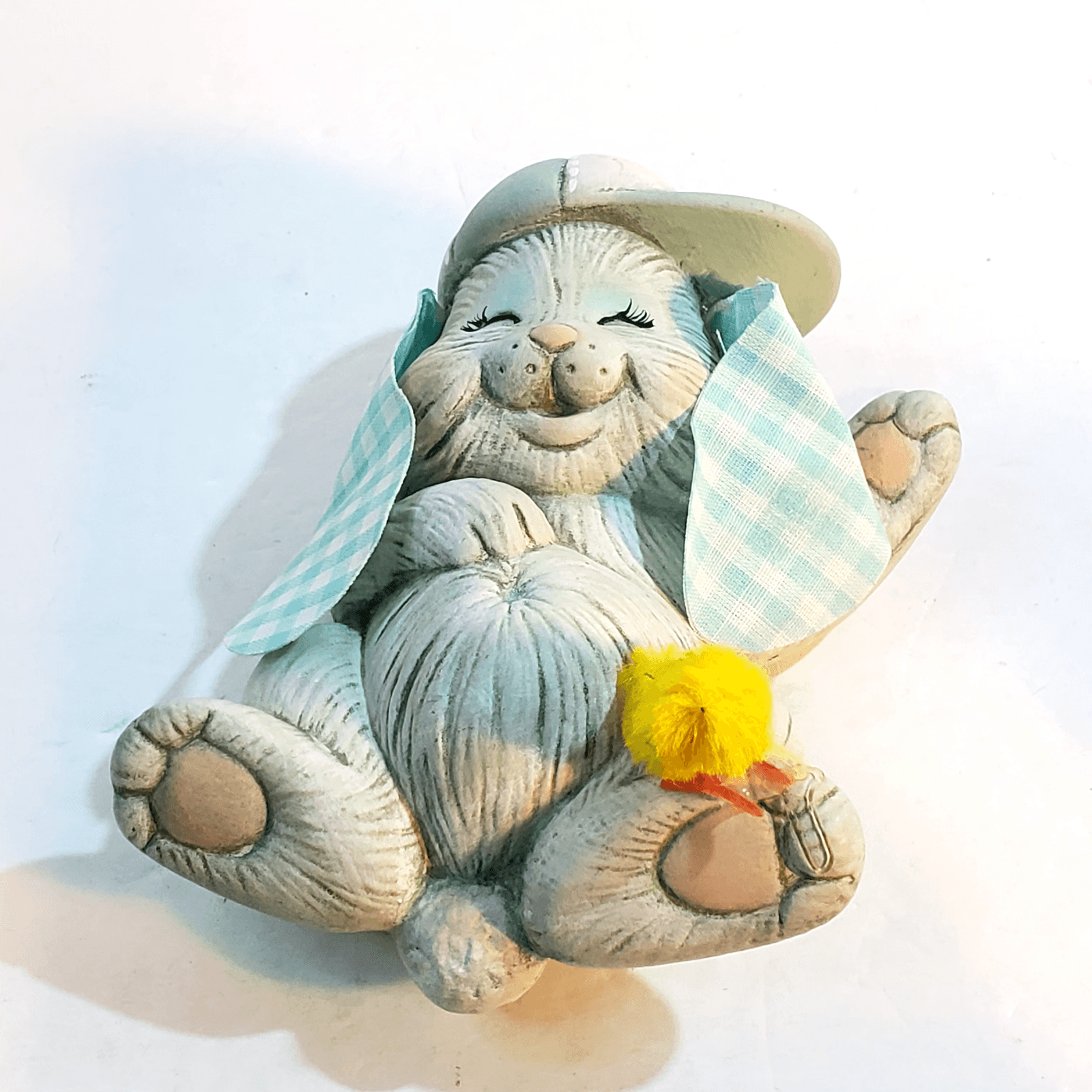 Vintage Ceramic Playful Sleeping Laying Long Eared Bunny w Chick Figurine Easter