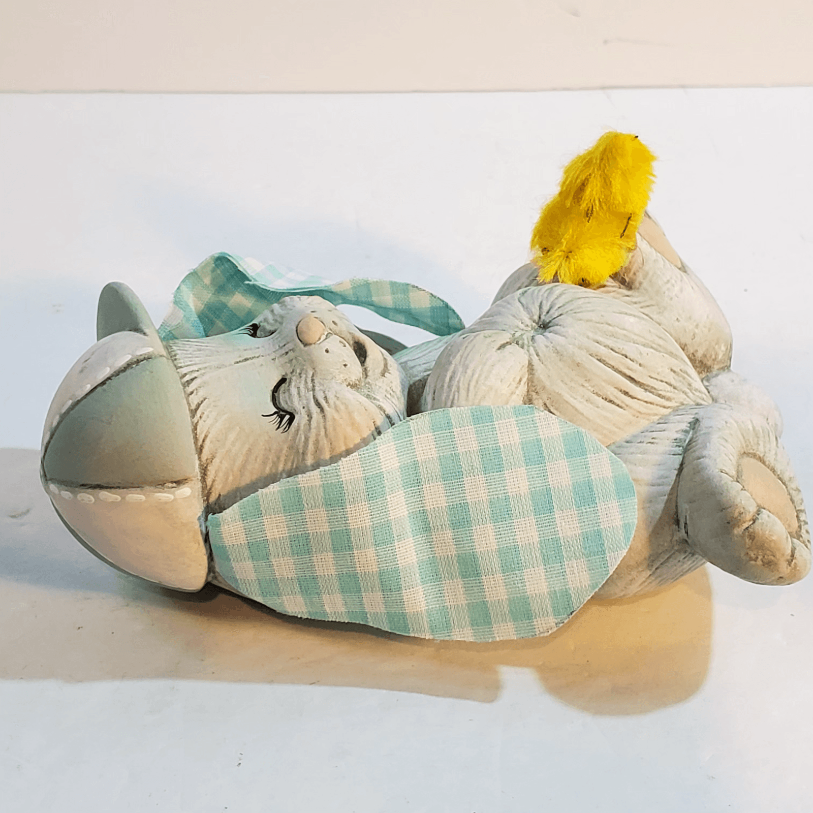 Vintage Ceramic Playful Sleeping Laying Long Eared Bunny w Chick Figurine Easter - Thumbnail 5