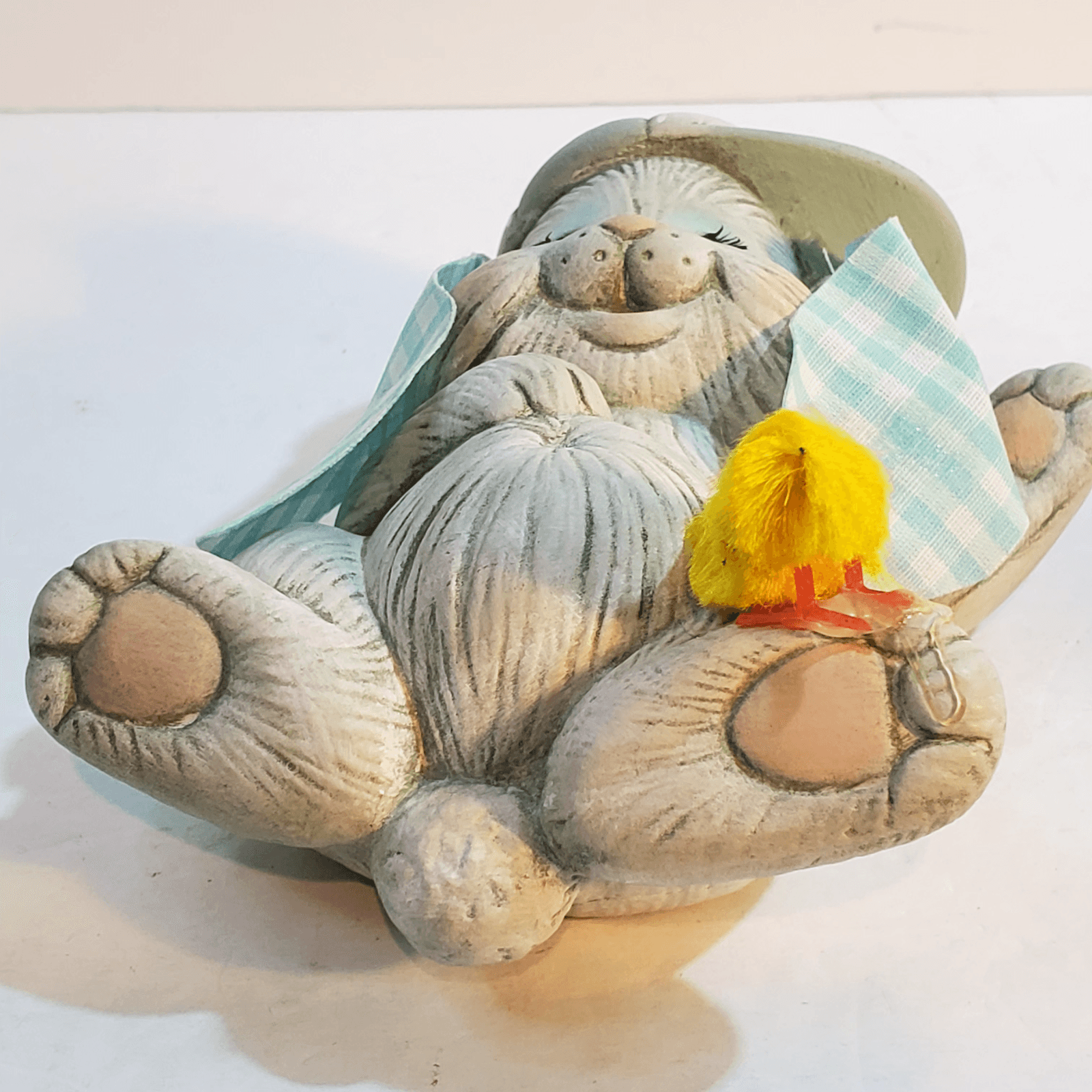 Vintage Ceramic Playful Sleeping Laying Long Eared Bunny w Chick Figurine Easter - Thumbnail 2