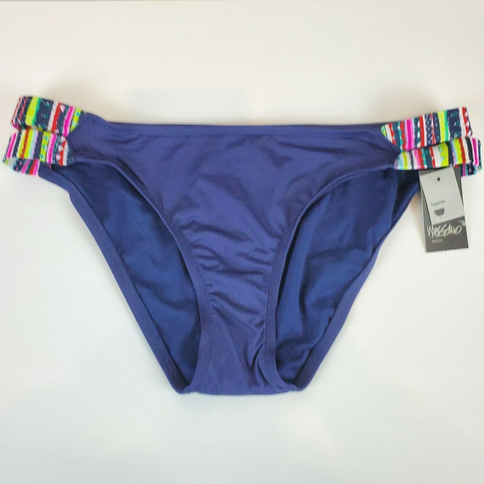Mossimo Women's Hipster Swim Bikini Bottom Blue with Striped Side Straps Size L