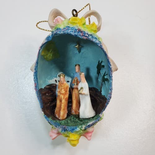 Vtg Ceramic Egg Diorama Nativity Holy Family North Star 3D Christmas Ornament