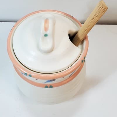 Vtg Taos Treasure Craft Feathers Pattern Small Sugar Jam Jar Canister w/ Spoon - Thumbnail 2
