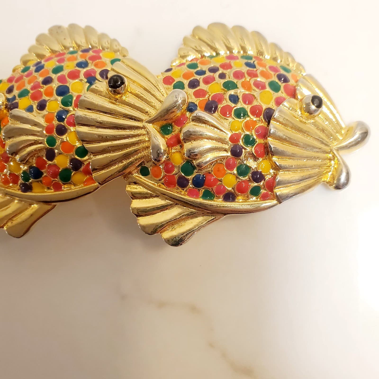Vintage 1991 Mimi Di N Gold Tone and Rainbow Enamel Triple Fish Belt Buckle HTF - Thumbnail 3