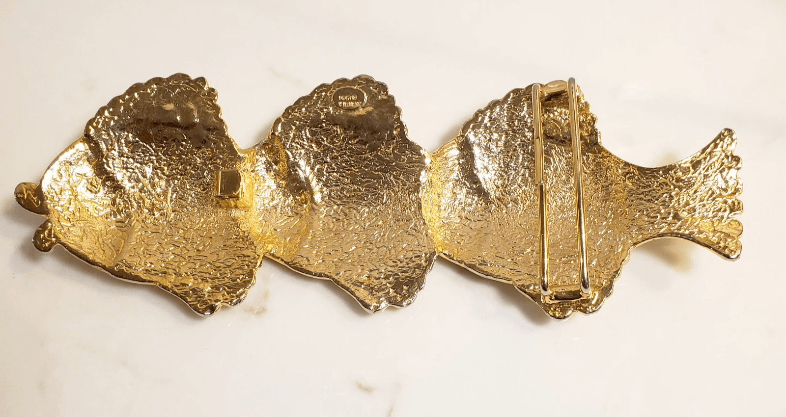 Vintage 1991 Mimi Di N Gold Tone and Rainbow Enamel Triple Fish Belt Buckle HTF - Thumbnail 5