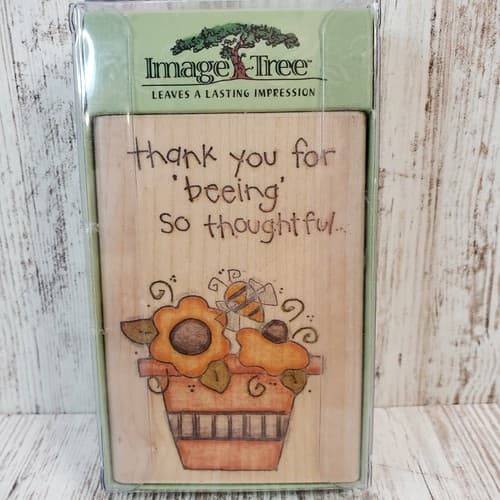 Image Tree Rubber Stamp Thank You Bee Flowers Wood Mount 4" x 2.75"