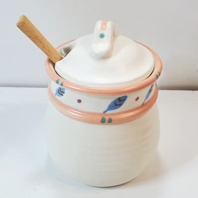 Vtg Taos Treasure Craft Feathers Pattern Small Sugar Jam Jar Canister w/ Spoon - Thumbnail 4