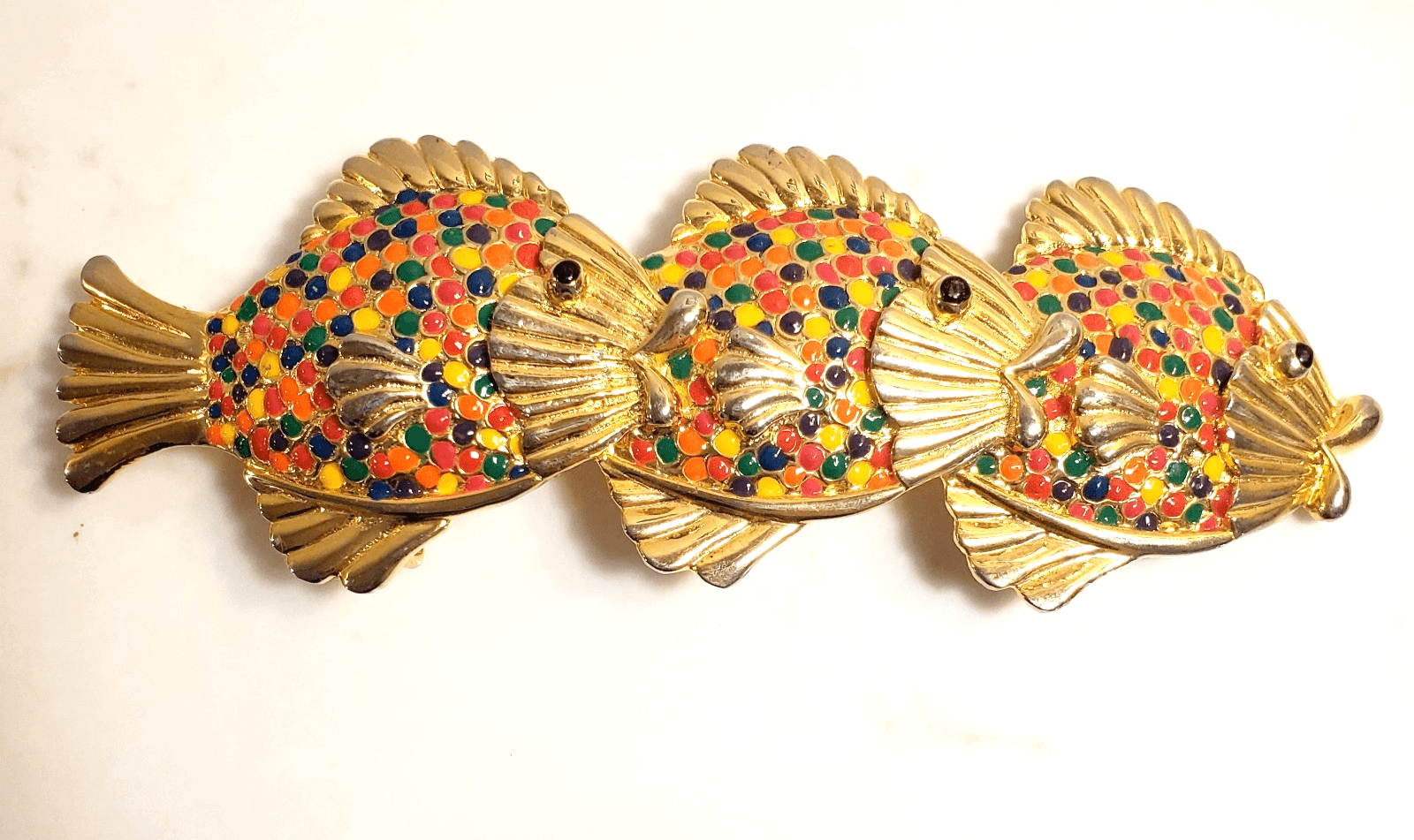 Vintage 1991 Mimi Di N Gold Tone and Rainbow Enamel Triple Fish Belt Buckle HTF