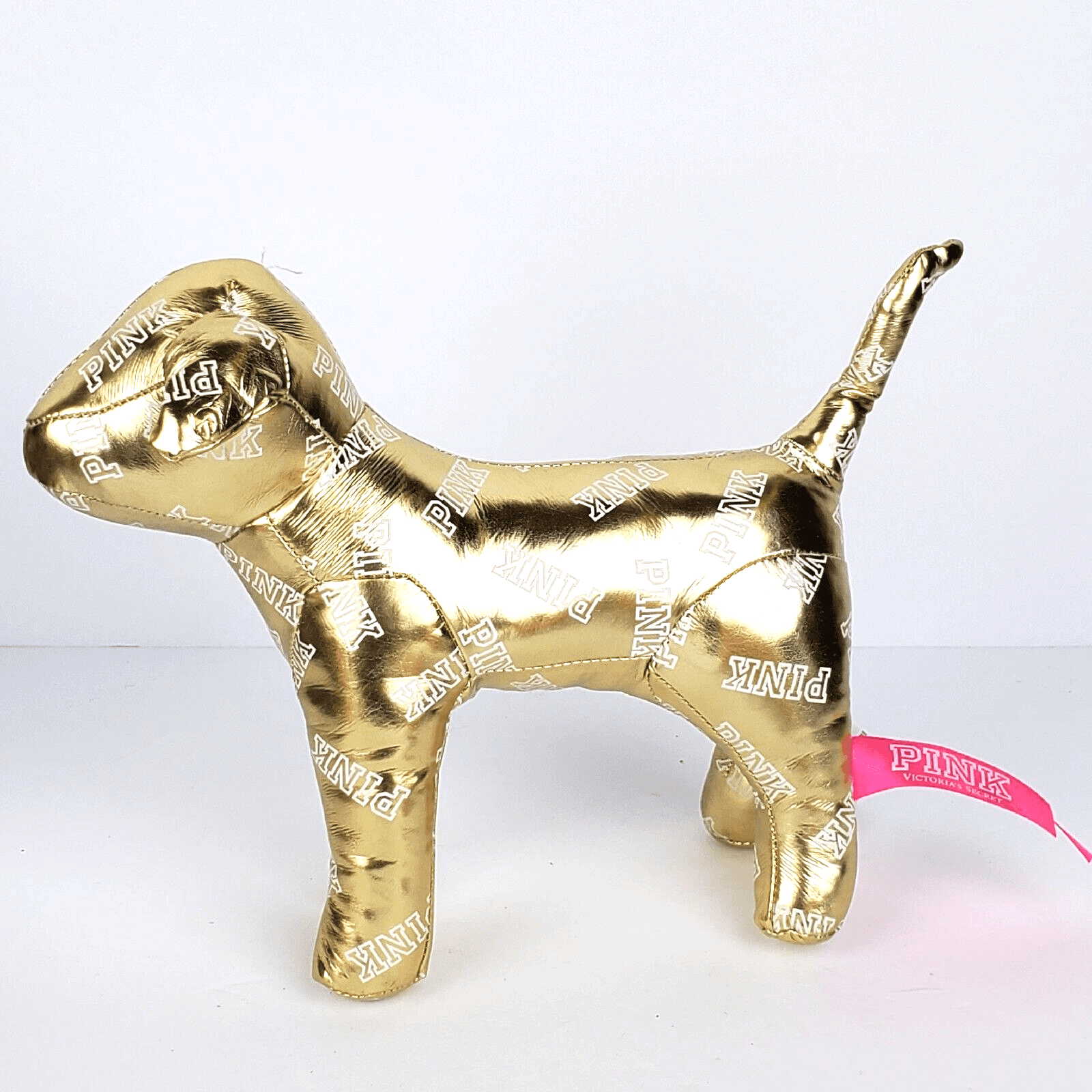 Victoria Secret Pink Mini Dog Stuffed Plush 7" Gold Metallic with Logo 2014