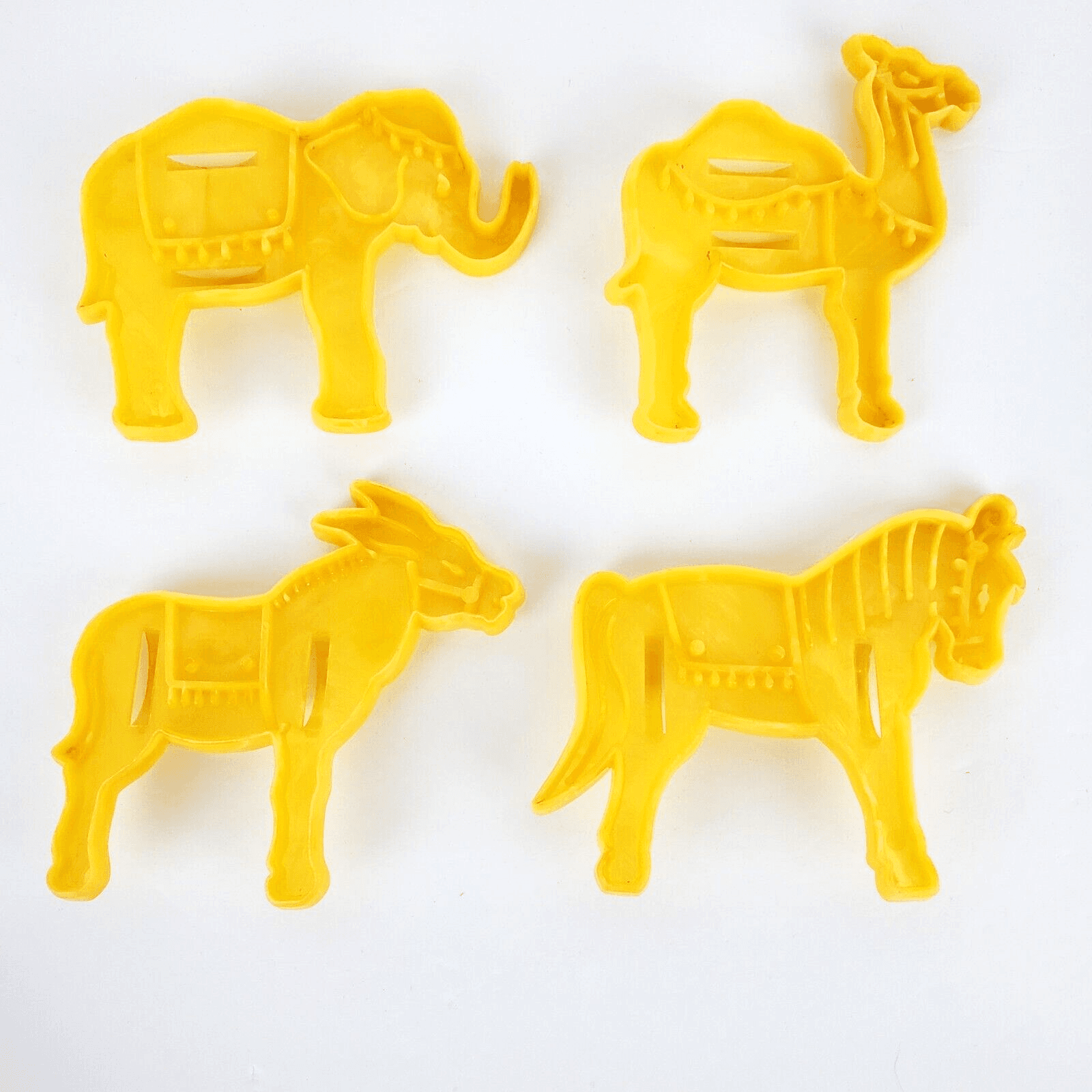 Lot Of 4 Vintage Yellow Plastic Animal Cookie Cutters Camel Elephant Horse Mule
