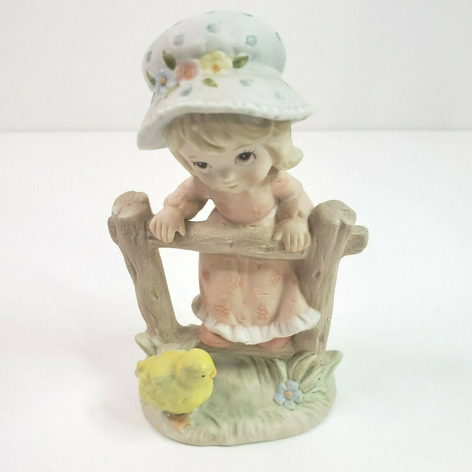 Vintage Lefton Figurine Girl on Fence with Duck 1984 #04136 Hand Painted