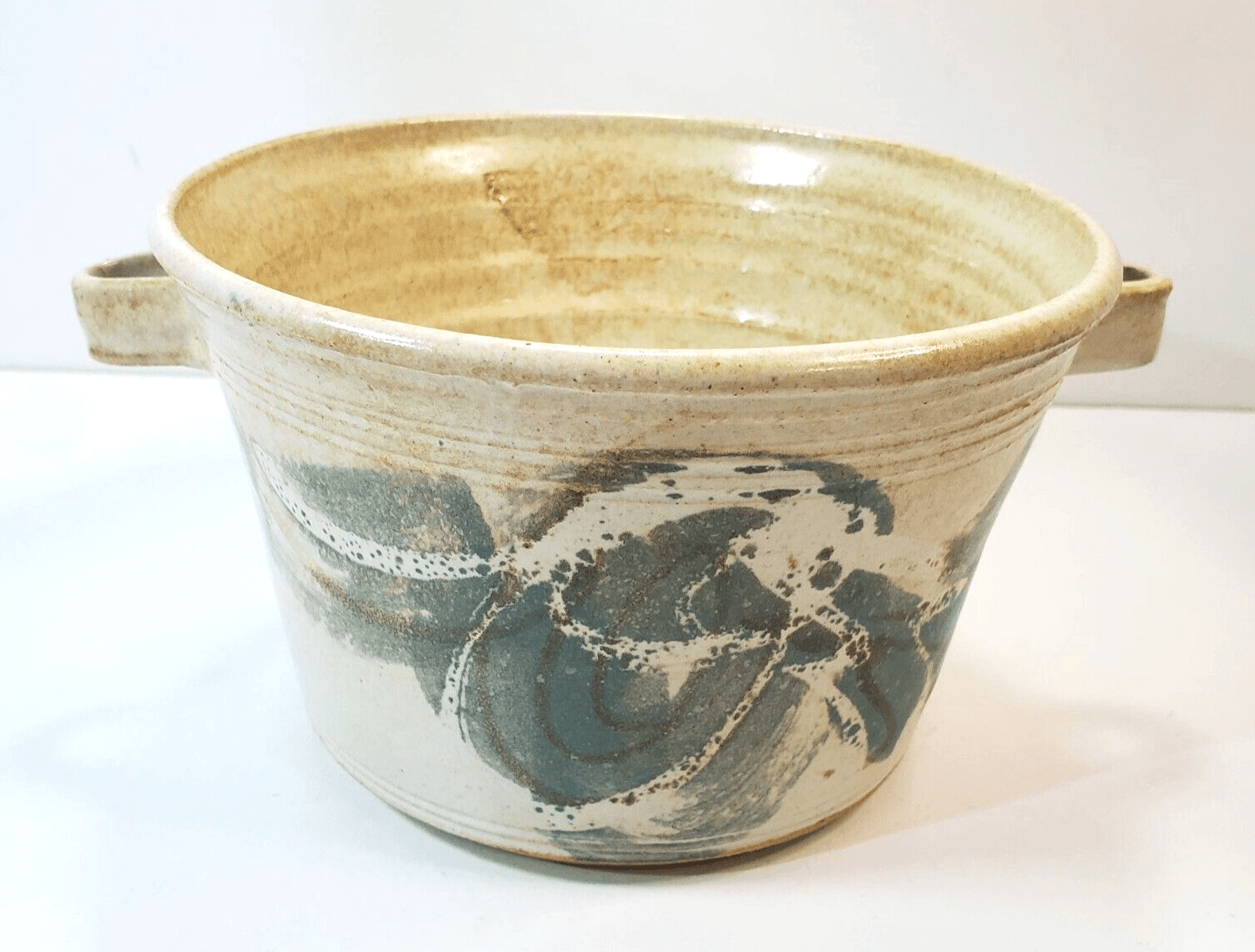 Vintage Artist Signed Pottery Stoneware Handled Bowl Flower Pot Studio Art - Thumbnail 2