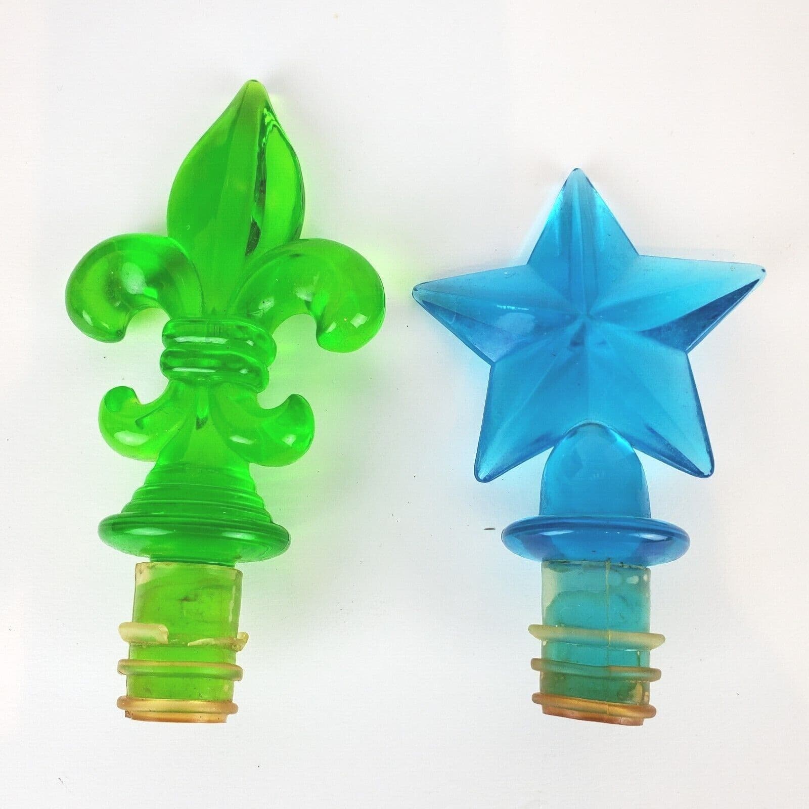 Set of 2 Vintage Acrylic Resin Star and Fleur De Lis Bottle Wine Liquor Stopper