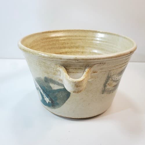 Vintage Artist Signed Pottery Stoneware Handled Bowl Flower Pot Studio Art - Thumbnail 4