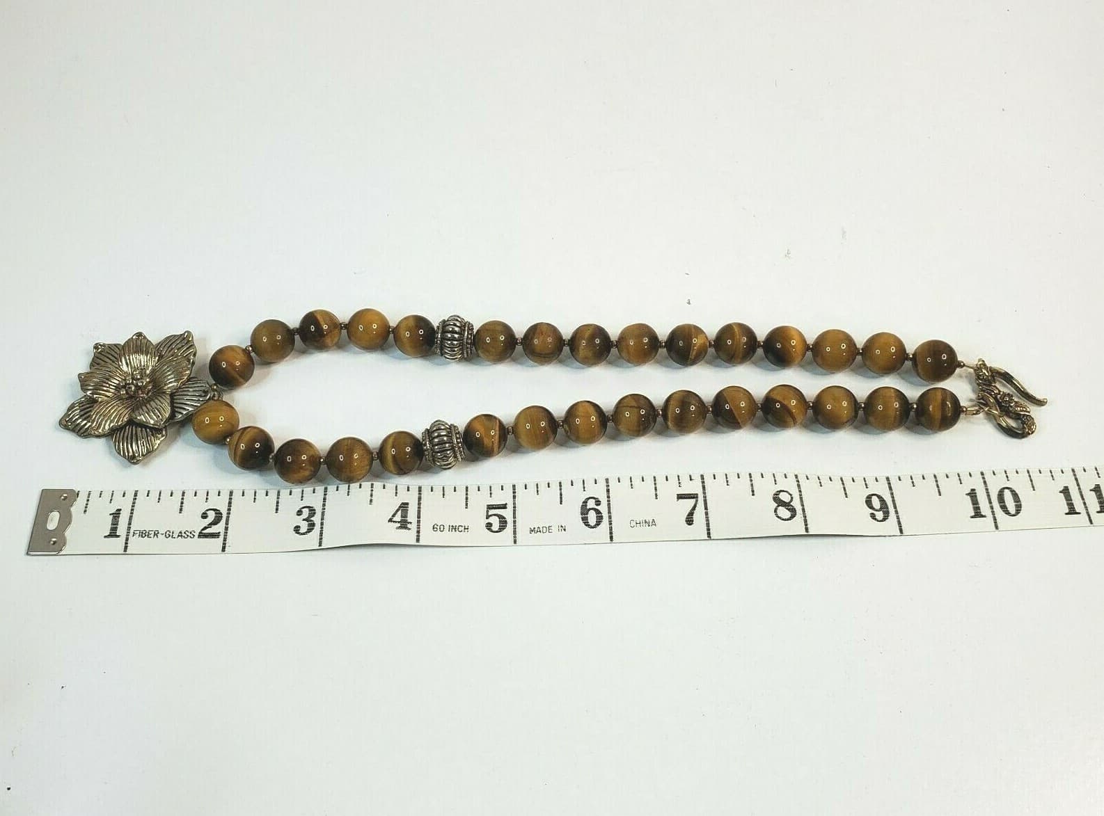 Tiger's Eye Round & Gold Tone Beads Flower Pendant Polished Gemstone Strand - Thumbnail 5