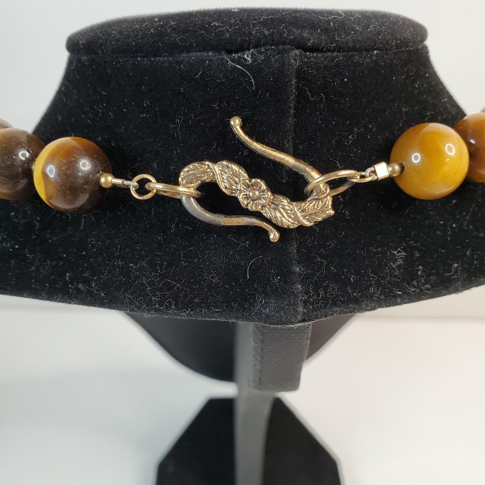 Tiger's Eye Round & Gold Tone Beads Flower Pendant Polished Gemstone Strand - Thumbnail 4