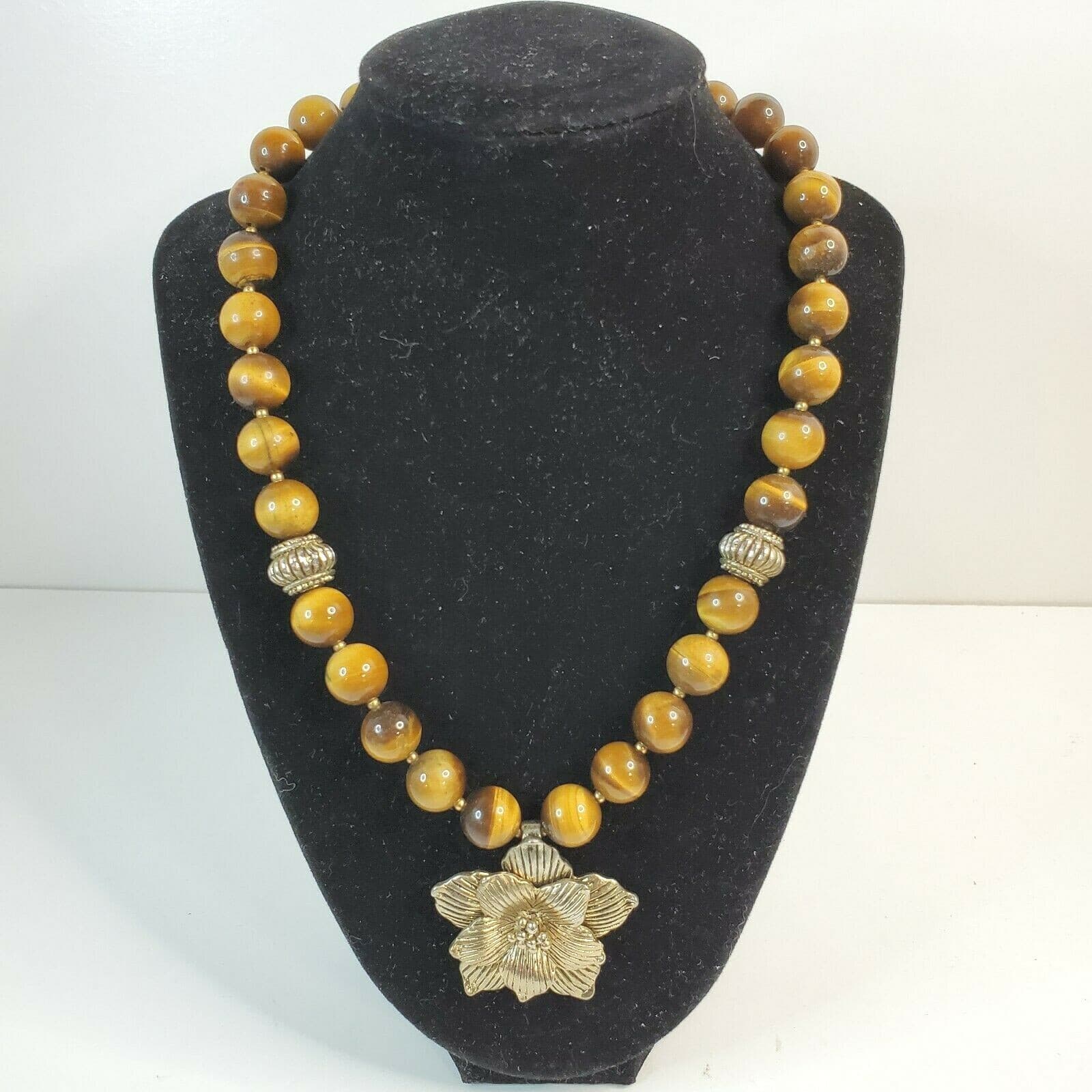 Tiger's Eye Round & Gold Tone Beads Flower Pendant Polished Gemstone Strand