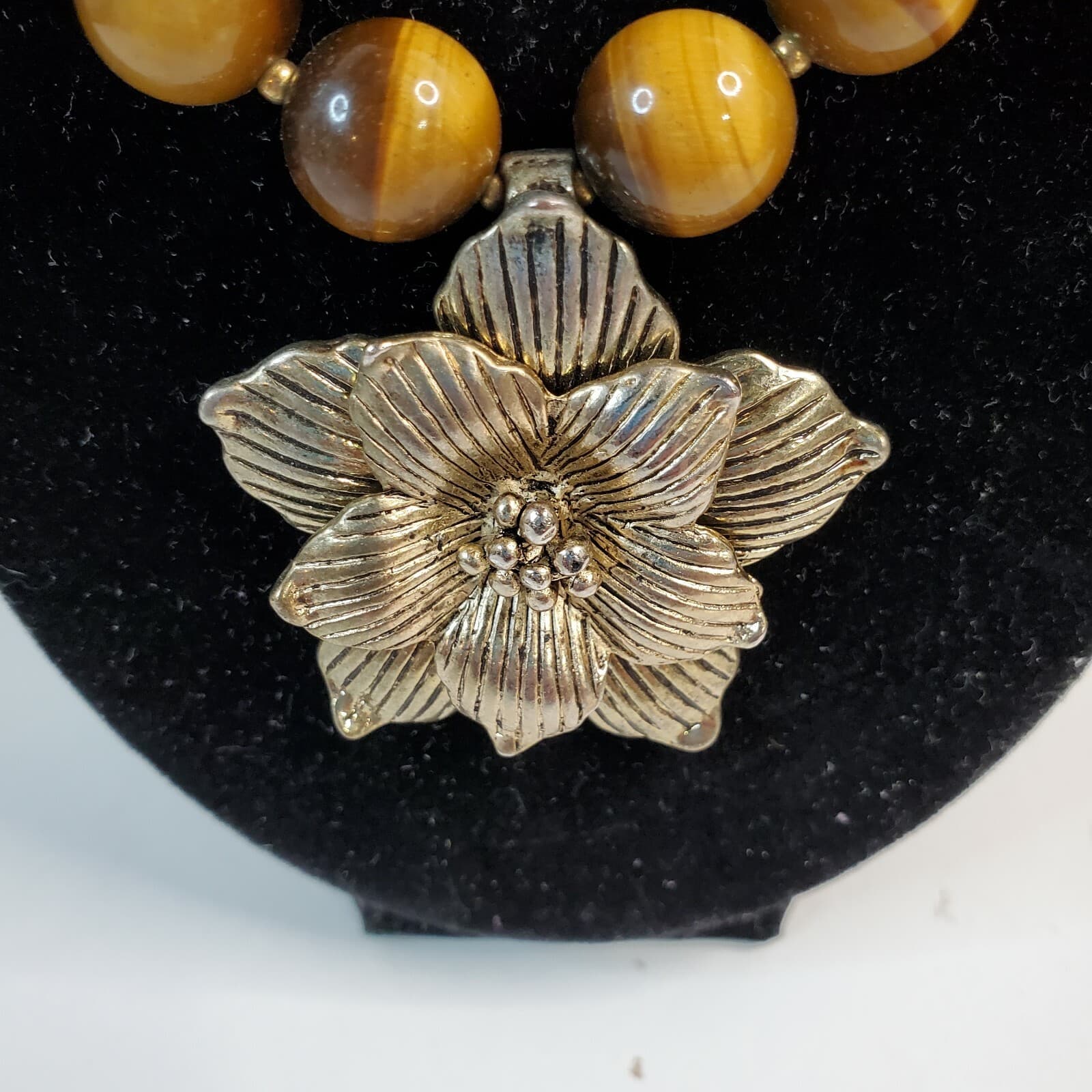 Tiger's Eye Round & Gold Tone Beads Flower Pendant Polished Gemstone Strand - Thumbnail 2