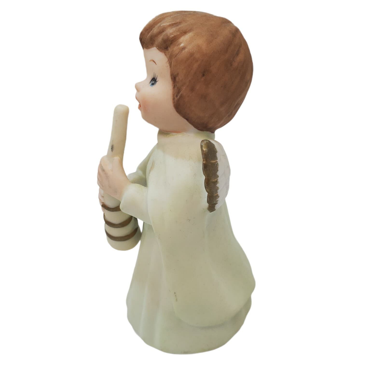 Vintage Lefton China ANGEL playing Horn Bisque Figurine White Cloak Gold Wings - Thumbnail 4
