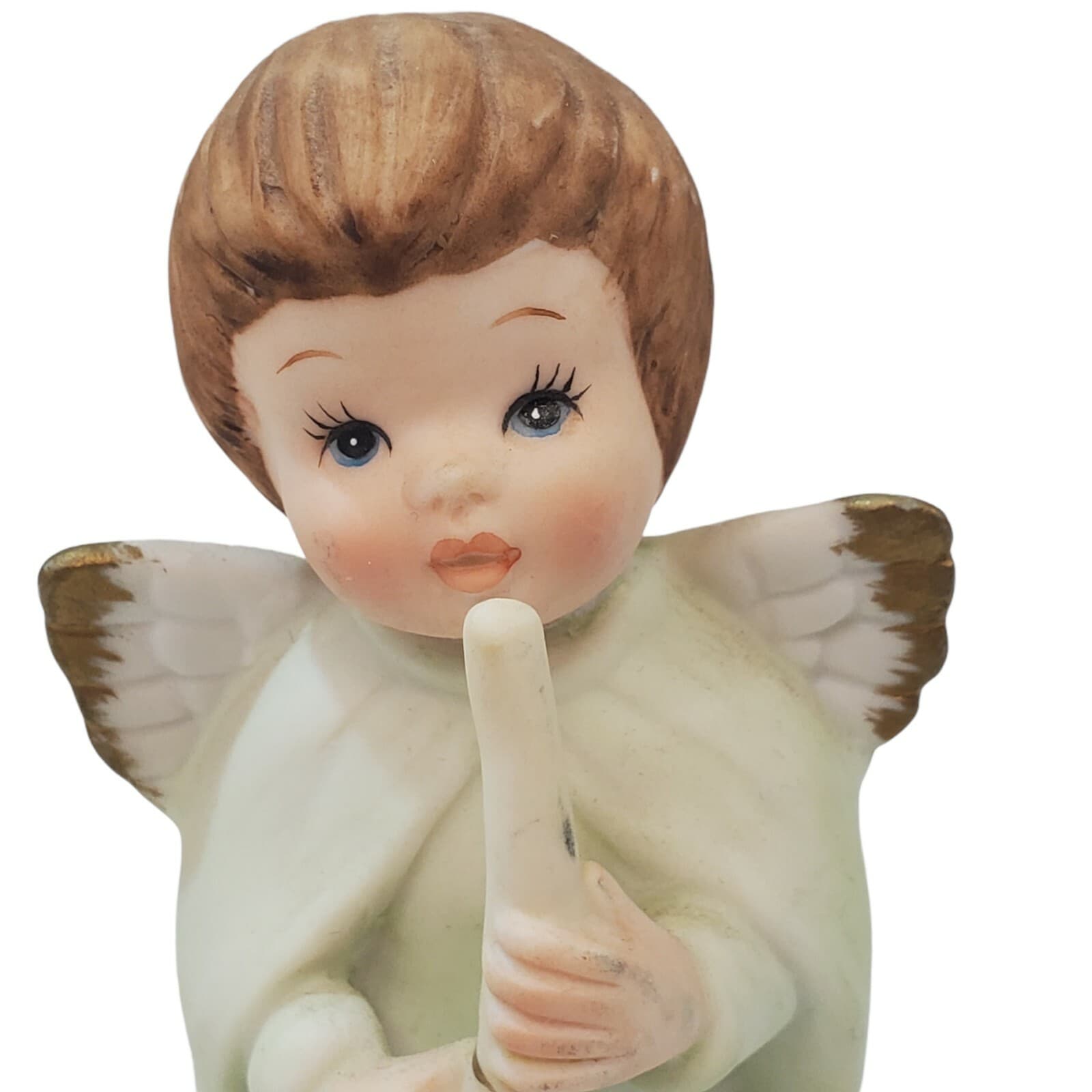 Vintage Lefton China ANGEL playing Horn Bisque Figurine White Cloak Gold Wings - Thumbnail 2