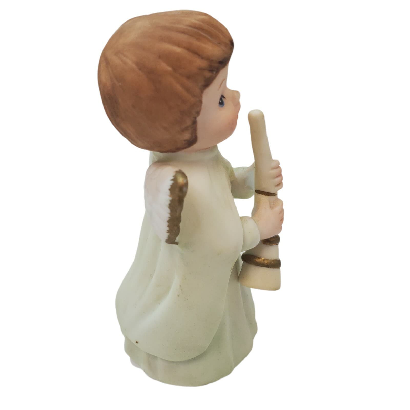 Vintage Lefton China ANGEL playing Horn Bisque Figurine White Cloak Gold Wings - Thumbnail 3