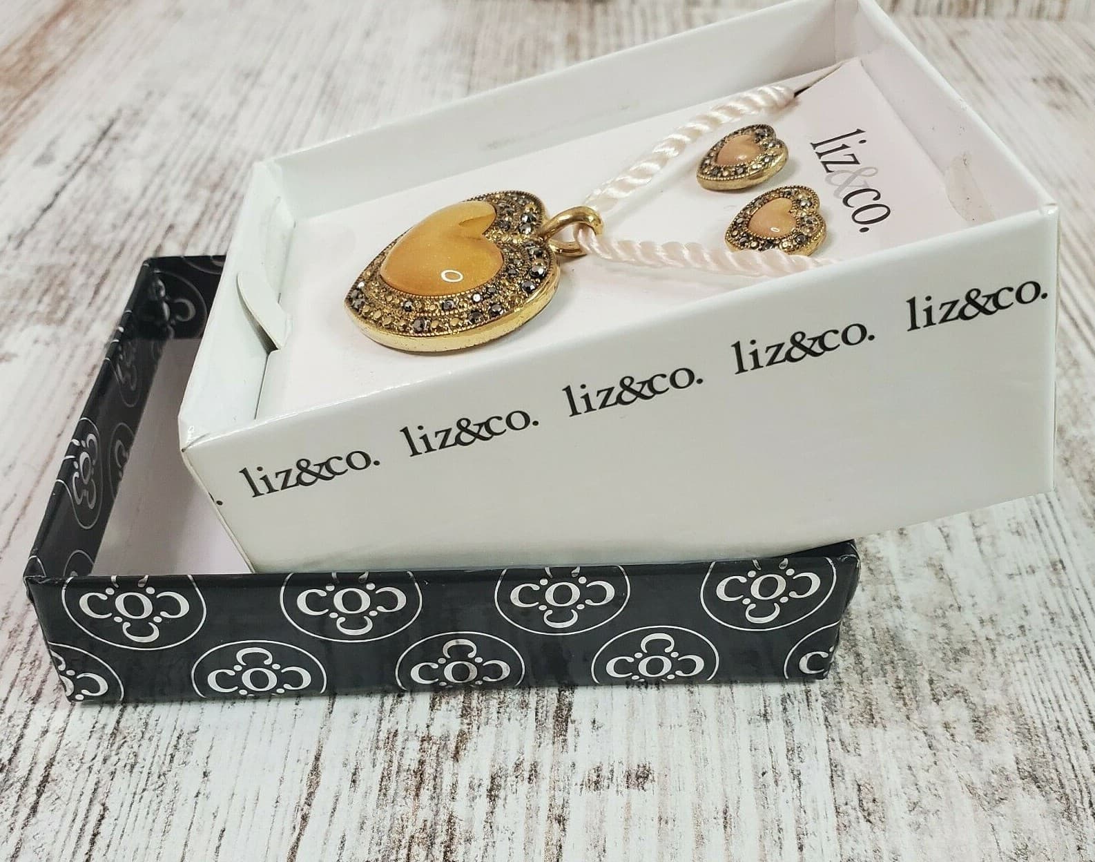 Liz & Co. Heart Pendent Necklace With Heart Studded Earrings Enamel Rhinestones - Thumbnail 3