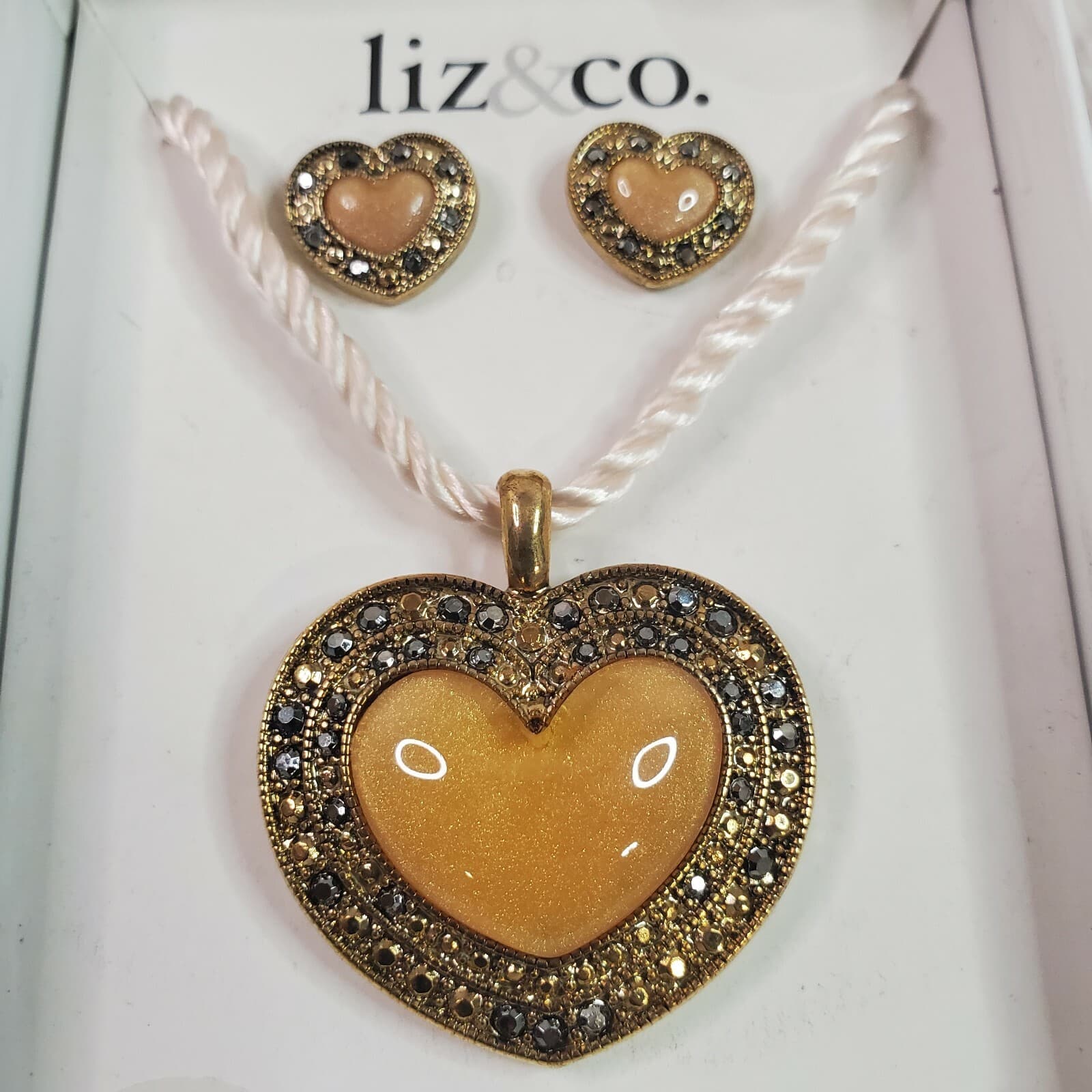 Liz & Co. Heart Pendent Necklace With Heart Studded Earrings Enamel Rhinestones