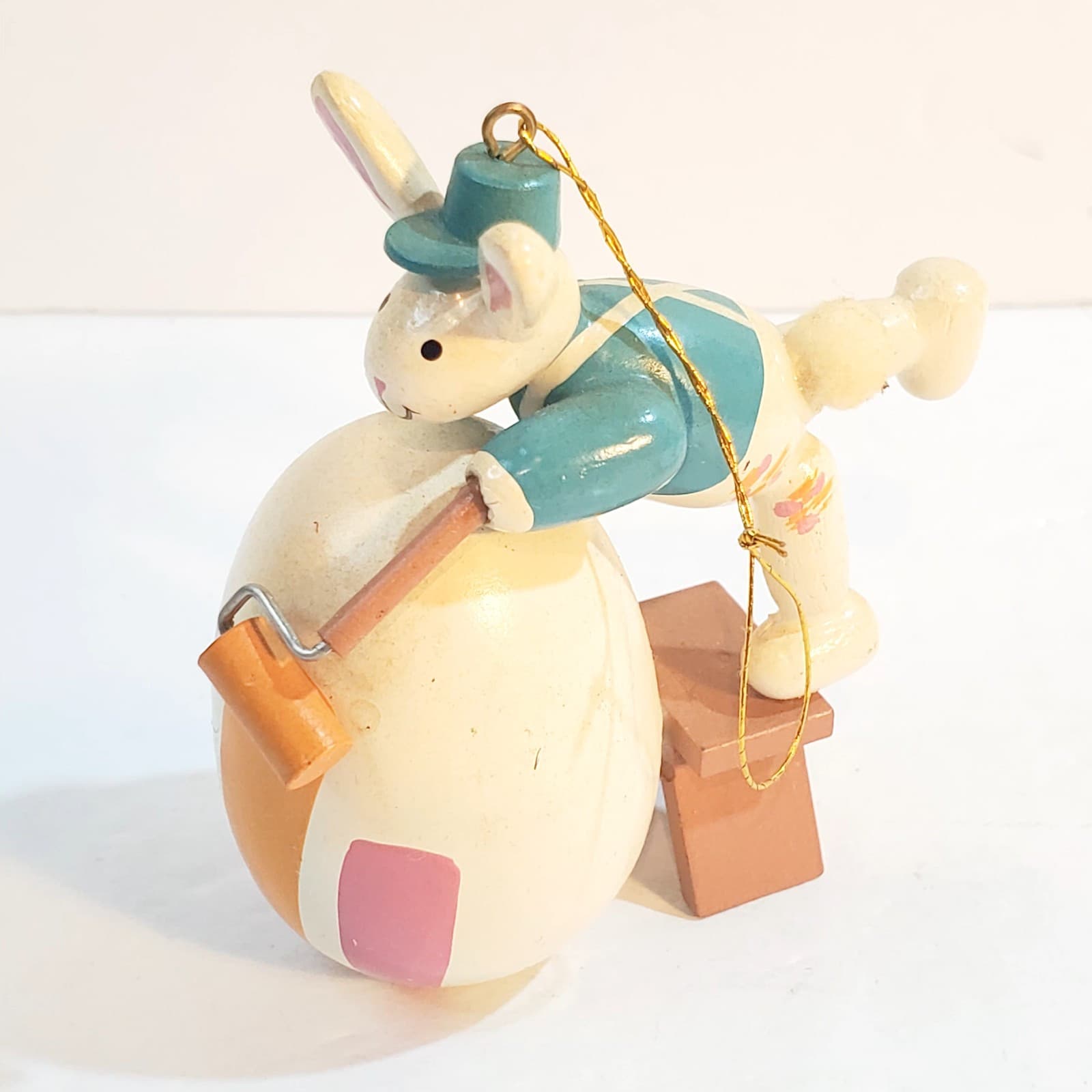 Vintage Wooden Easter Bunny Painting Rolling Egg Easter Tree Ornament Step Stool