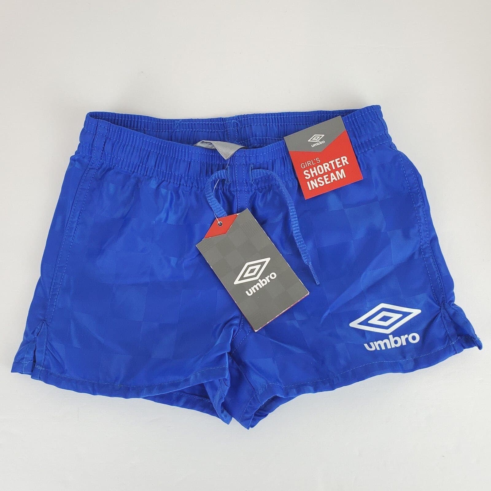 Umbro Youth NWT Shiny Blue Check Soccer Shorts Girls Shorter Inseam Sz XXX Small