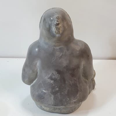 Vtg Abbott Canada Gray Inuit Hunter w/ Fish Figure Arctic Native Art Sculpture - Thumbnail 5