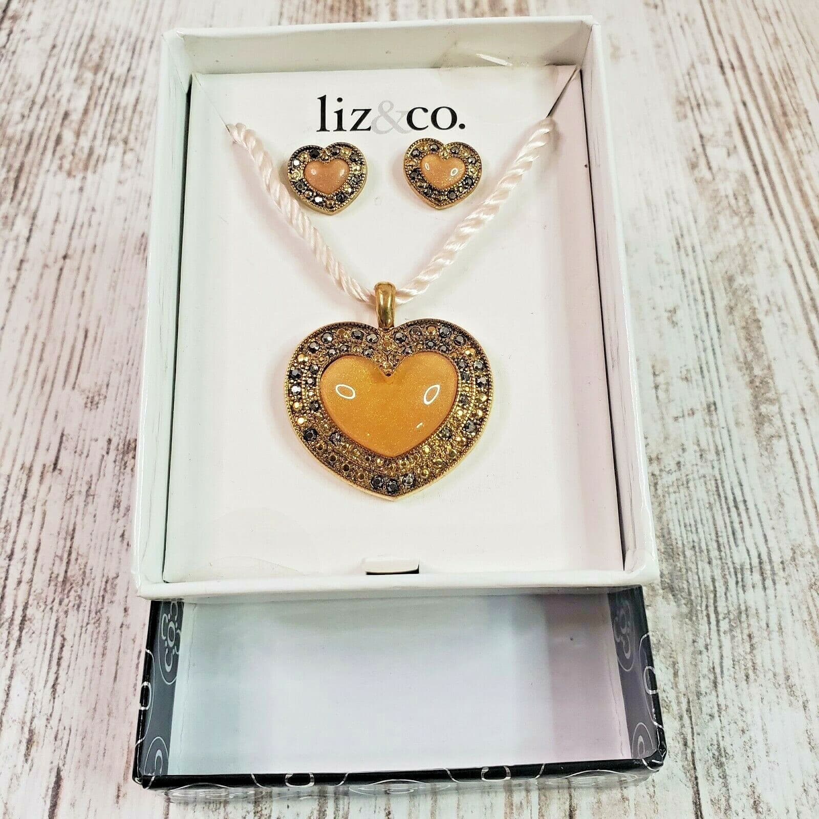 Liz & Co. Heart Pendent Necklace With Heart Studded Earrings Enamel Rhinestones - Thumbnail 2