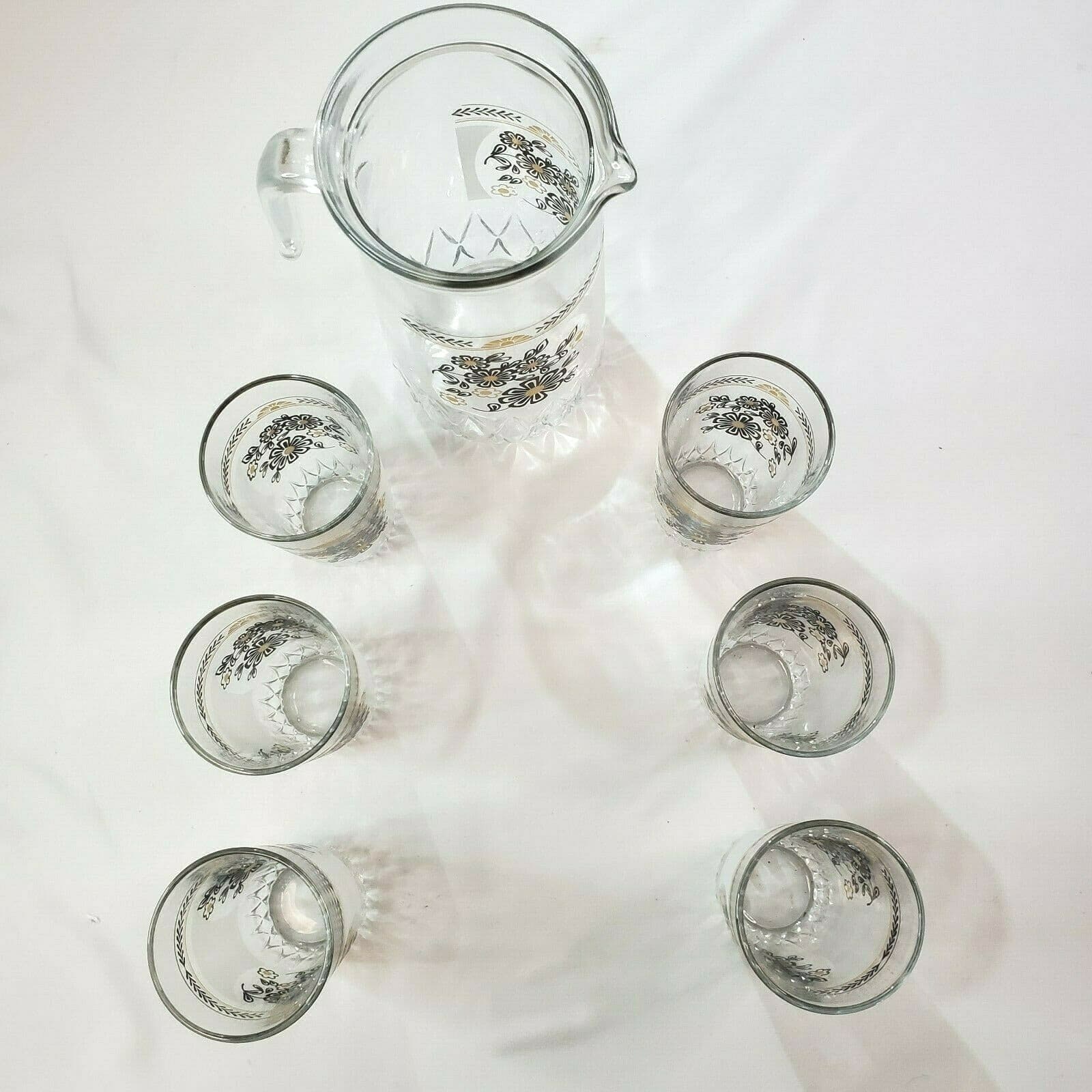 Vintage Cerve Glass Juice Pitcher & 6 Glasses Black & Gold Flowers Made in Italy - Thumbnail 5