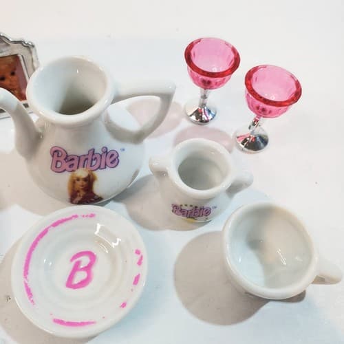 Vtg 90's Barbie White Pink Silver 11 Piece Kitchenware Frames Glasses Accessory - Thumbnail 4