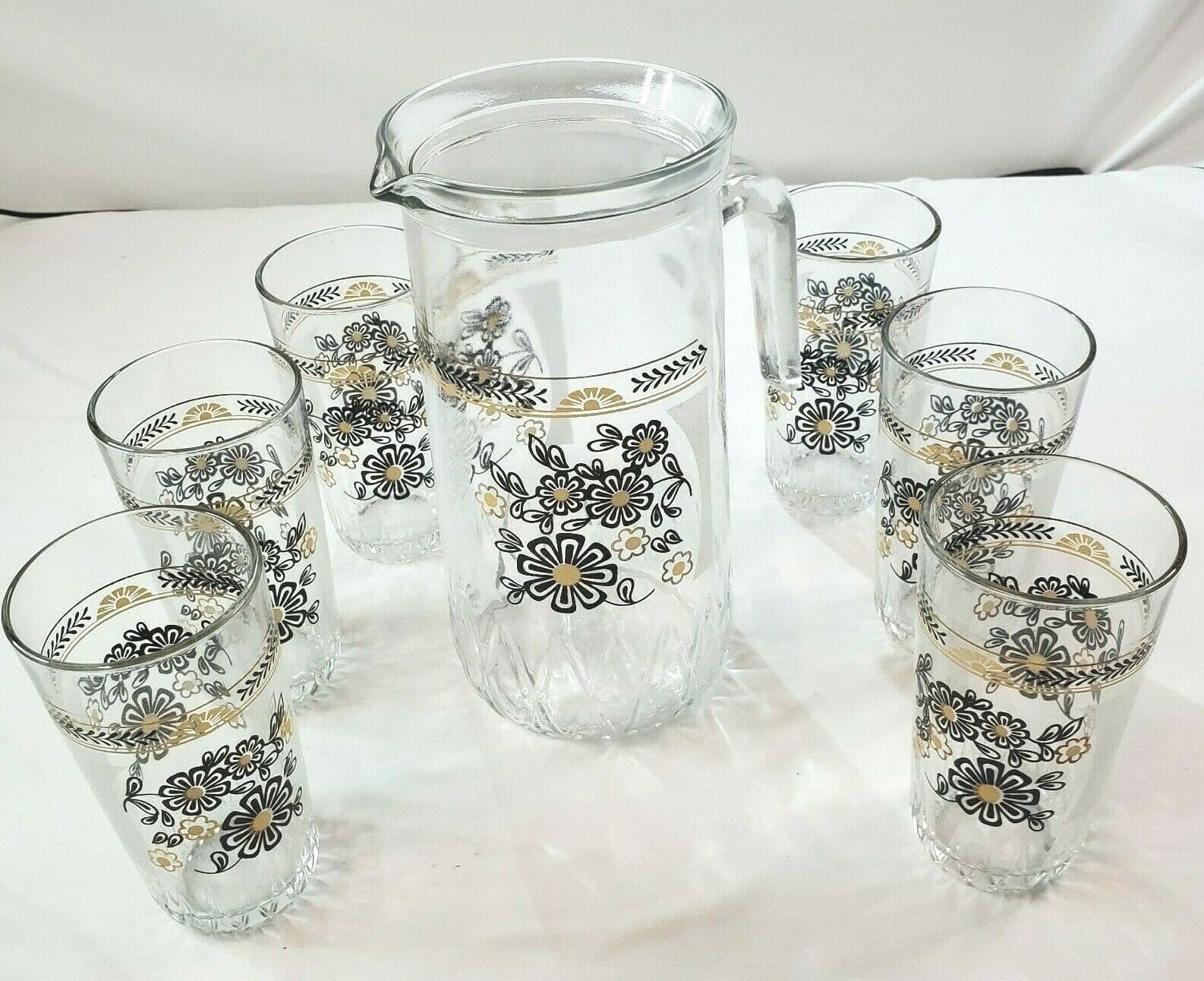 Vintage Cerve Glass Juice Pitcher & 6 Glasses Black & Gold Flowers Made in Italy - Thumbnail 2