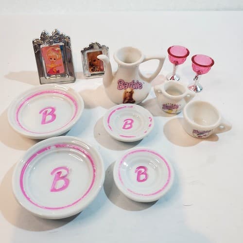 Vtg 90's Barbie White Pink Silver 11 Piece Kitchenware Frames Glasses Accessory